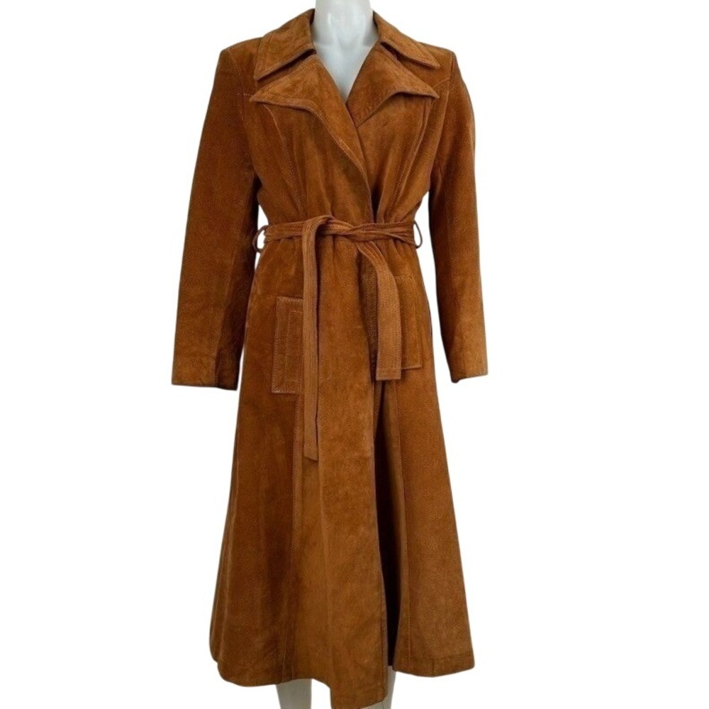Vintage 70s Saks Fifth Avenue Suede Trench Coat Brown Belted Long Jacket Boho